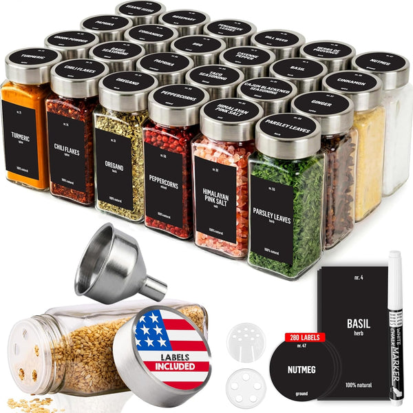 Glass Spice Jars with Label 24X4Oz - Spice Containers +280 Labels1