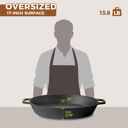 Pre-Seasoned Large Cast Iron Skillet 17 Inch, Dual Handle Outdoor Camping Frying Pan, Pizza Pan, Use for Grill, Stovetop, Induction, Oven Safe Cookware4