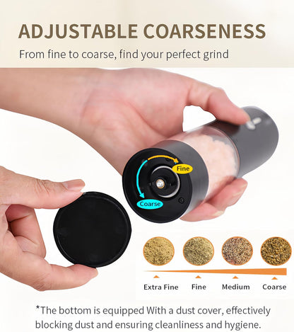 2Pack Electric Salt & Pepper Grinder Set One-Touch Operation Adjustable Coarseness Ceramic Grinding Core USB Rechargeable with LED Light for Kitchen, Restaurant, Outdoor, Black (Black+Black)3