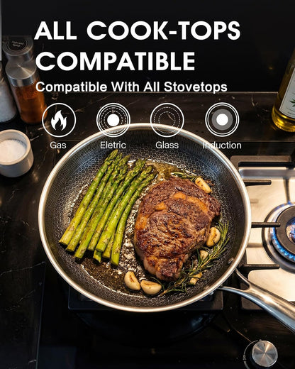 Stainless Steel Non Stick Frying Pan with Lid - PFOA Free | Induction Compatible | Oven & Dishwasher Safe | Stay Cool Handle | Versatile for All Stovetops | Gift7