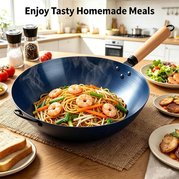 Carbon Steel Wok, 13.5" Woks & Stir-Fry Pans Nonstick, Pre-Seasoned Flat Bottom Wok for BBQ, Grill, Outdoor & Camping, Compatible with Induction, Electric, Gas, Open Fire, Deep Blue7
