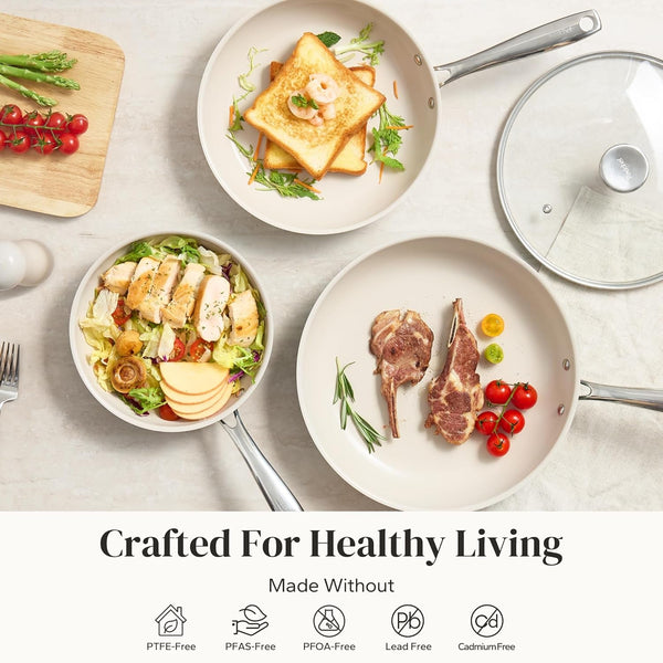 Nonstick Cookware Sets, Frying Pan Set with Tempered Glass Lids, Ceramic Cookware Set, Stay-Cool Handles, Dishwasher & Oven Safe, Compatible with All Cooktops, Beige (8+9.5+11 Inch)4
