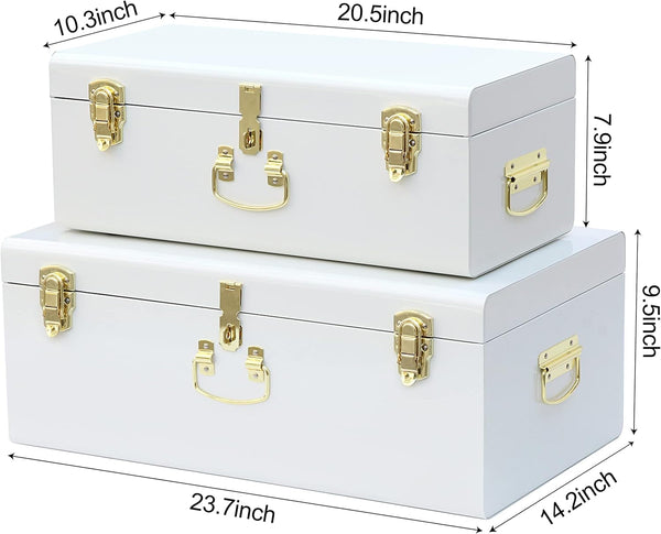Decorative Metal Box Storage Trunks Set of 2 College Dorm Chest with Lock Hole,23.7X14.2X9.5 Inches(White)2