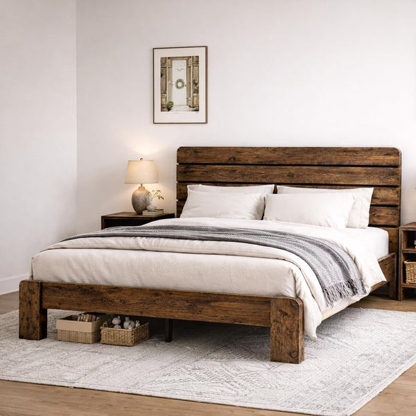Wooden King Size Bed Frame with Linear Headboard, Rustic Platform4