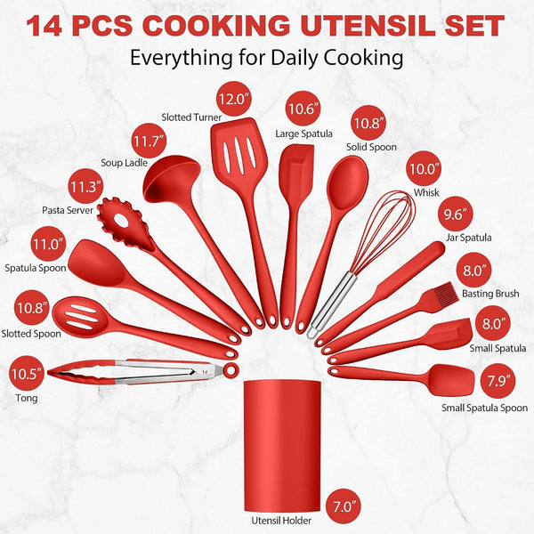 14 Pcs Silicone Cooking Utensils Set with Holder, Red2