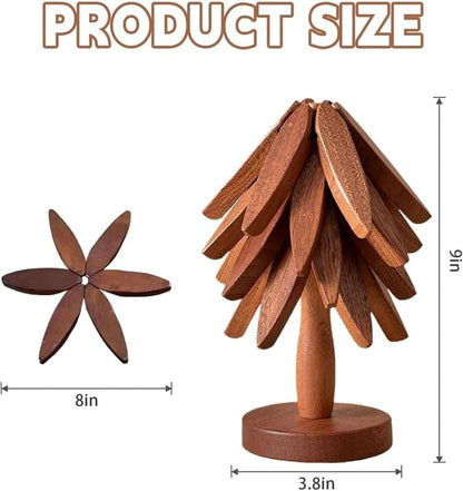Wooden Tree Trivets,Trivets for Hot Dishes, Tree Coasters | Set of 5 with Stand, Foldable Kitchen Trivets 1 Stand like a Christmas Tree Trivets for Pots, Pans, Bowls & Teapots7