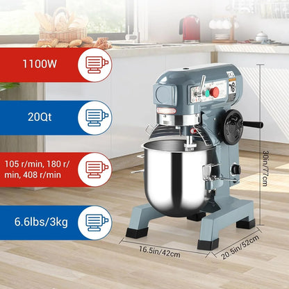 Heavy Duty Commercial Stand Mixer 20QT, 1100W Stainless Steel Mixing Bowl, 3 Speed Electric Mixer with Dough Hook, Whisk, Beater & Safety Guard for Bakery, Pizzeria, Restaurant – 20QT6