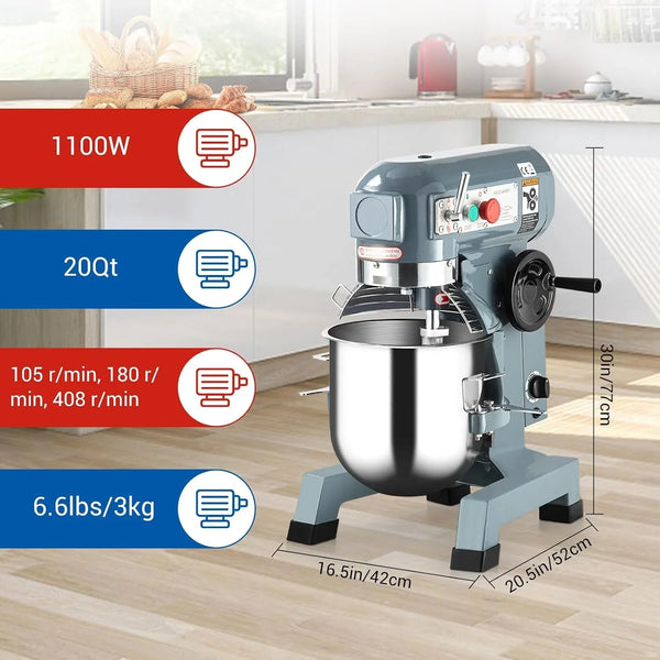Heavy Duty Commercial Stand Mixer 20QT, 1100W Stainless Steel Mixing Bowl, 3 Speed Electric Mixer with Dough Hook, Whisk, Beater & Safety Guard for Bakery, Pizzeria, Restaurant – 20QT6