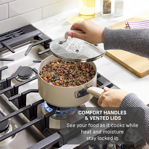 Signature Nonstick 12 Piece Cookware Set, Oven Safe up to 350°F, Dishwasher Safe, Pots and Pans Set, Includes Frying Pans, Saucepan, Stockpot, Cooking Utensils, Cream6