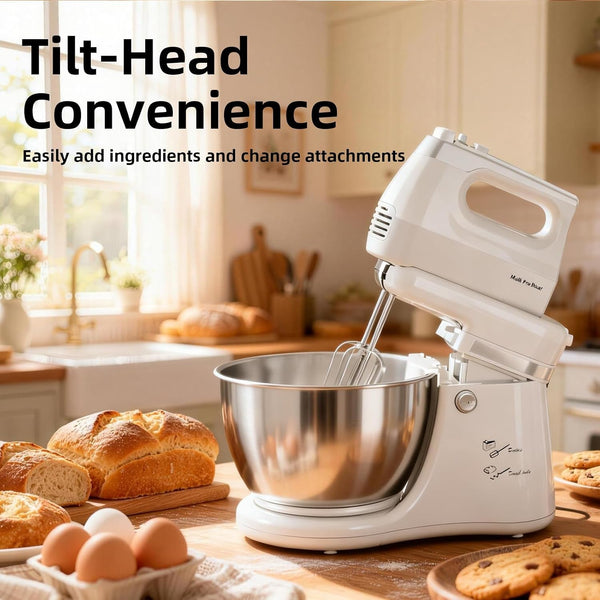 4.8QT 2-In-1 Stand Mixer, Electric Kitchen Mixer with Auto-Rotating Bowl & Tilt-Head, 5-Speed 250W Turbo Baking Machine for Beginners with Beater & Dough Hook for Cookie, Bread, Cake (White)4