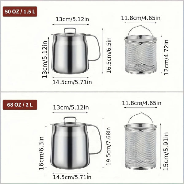 68Oz 304 Stainless Steel Deep Fryer Pot with Basket & Strainer, Large Capacity Bacon Grease Container for Kitchen,Frying, Cooking, Camping,Oil Filter Container - Dishwasher Safe (68Oz/2L/2.1Qt)4