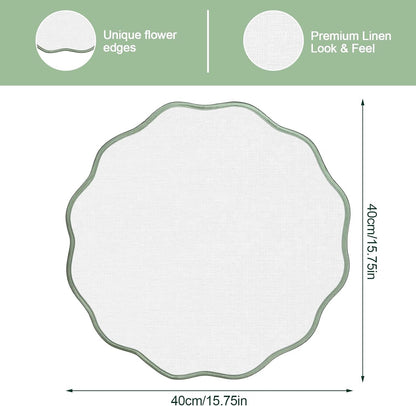 Set of 6 Scallop Linen Placemats, 15 Inch Light Green and White round Placemats Cotton Linen Table Mats Handcrafted Machine Washable Wrinkle Free Dining Placemat for Hotel Restaurant Kitchen2