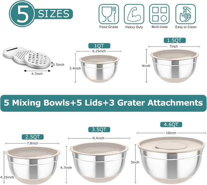 Mixing Bowls Set of 5, Stainless Steel Nesting Salad Bowl with Lids2