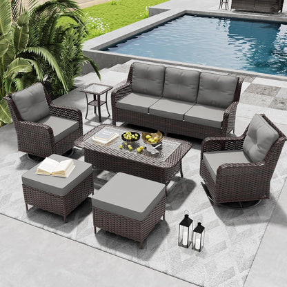 7 Pieces Patio Furniture Set,High Back Wicker Outdoor Sectional Furniture Set with Swivel Chairs & Coffee Table, Patio Conversation Set Thick Cushion for Backyard, Deck, Porch-Grey1