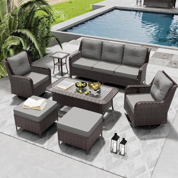 7 Pieces Patio Furniture Set,High Back Wicker Outdoor Sectional Furniture Set with Swivel Chairs & Coffee Table, Patio Conversation Set Thick Cushion for Backyard, Deck, Porch-Grey1