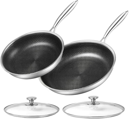 Non Stick Frying Pans, Stainless Steel Pan Set with Lid | Honeycomb Nonstick Coating, Pfoa-Free. Cool-Touch Handles. Compatible with All Stoves. Oven Safe&Dishwasher Safe.1