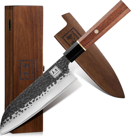 Japanese Santoku Knife, 7 Inch Chef Knife 5 Layer 9CR18MOV Clad Steel for Meat Cutting, Super Sharp Kitchen Cooking Knife with Ebony Bolster African Rosewood Handle -Wooden Box1