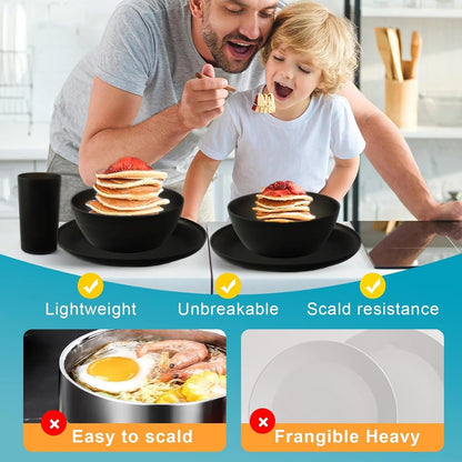 24Pcs Matte Black Dinnerware Set, Plates Bowls & Cups, Unbreakable Dishes for 8, Reusable Bpa‑Free Tableware, Dishwasher Safe for Kitchen Party Picnic Camping, Bonus Cutlery Set Included5