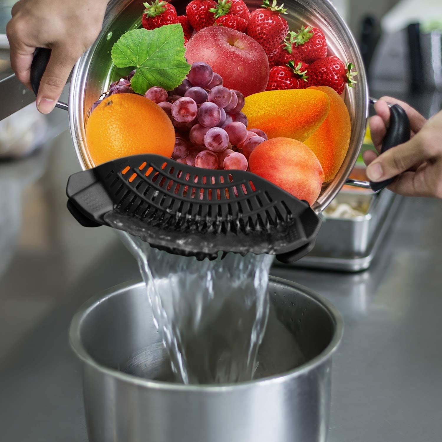 clip-on-strainer-silicone-for-all-pots-standard-8-86-x-3-55in-black-food-grade-bpa-free-fits-pots-pans-bowls-dishwasher-safe-for-pasta-noodles-vegetable-fruits-space-saving-kitchen-gadget
