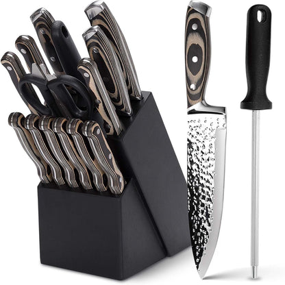 Knife Sets for Kitchen,15-Piece Hammered Desgin Knife Set with Block and Sharpener, High Carbon Stainless Steel Chef Knives with Grey Triple Rivet Handle, Ultra Sharp and Dishwash Safe1