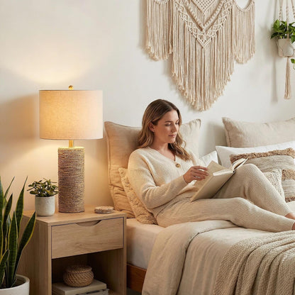 Boho Lamps Set of 2, 25.5" Coastal Farmhouse Bedside Lamps, Resin Woven Rattan-Look Nightstand Lamps with Linen Shade & Rotary Switch for Bedroom Living Room Home Decor6