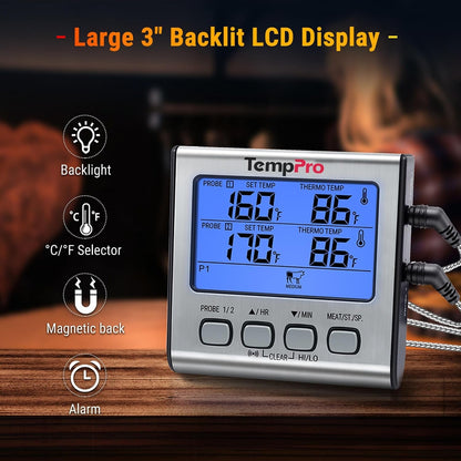 Temptrack Digital Cooking Meat Thermometer with Dual Meat Probe | Large LCD Backlight, High/Low Temperature Alarm, Kitchen Food Thermometer with Timer Mode for Smoker Grill Oven BBQ, Silver7