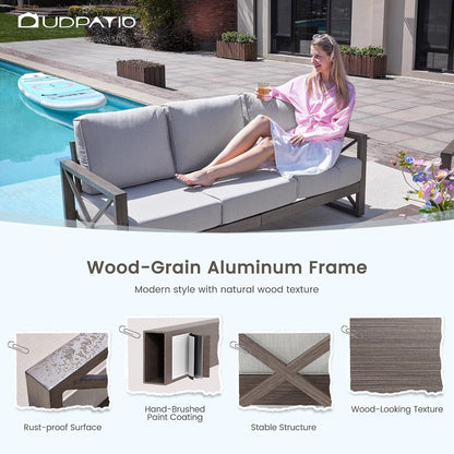 Aluminum Outdoor Patio Furniture Set Faux Wood Grain 5 Pcs Beige5
