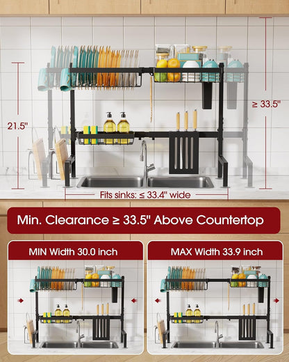 over the Sink Dish Drying Rack - Adjustable 2 Tier Large Capacity Stainless Steel Drainer with Cutlery & Utensil Holders, Kitchen Storage & Organization, 30"-33.9" L X 11" W X 21.5" H, Black3