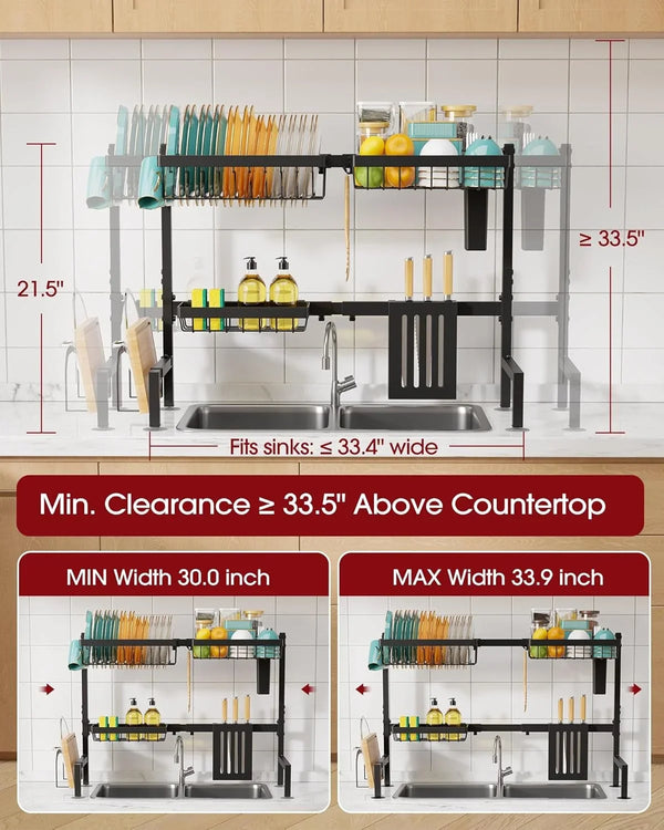 over the Sink Dish Drying Rack - Adjustable 2 Tier Large Capacity Stainless Steel Drainer with Cutlery & Utensil Holders, Kitchen Storage & Organization, 30"-33.9" L X 11" W X 21.5" H, Black3