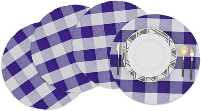 Purple & White round Placemat Cotton Buffalo Check Plaid Gingham 15 Inch Eco-Friendly Fabric Handcrafted Machine Washable Indoor & Outdoor Tablemat Set of 41