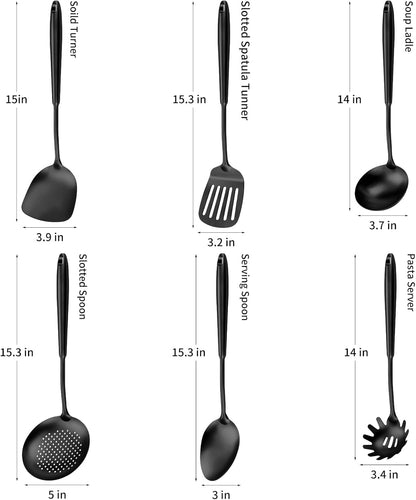 304 Stainless Steel Cooking Utensils,6 Pcs Kitchen Cooking Utensils Set with Spatula, Solid Spoon, Ladle, Skimmer, Spaghetti Spoon,Dishwasher Safe(Black)2