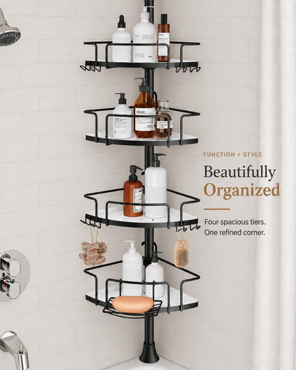 Two-Tone Corner Shower Caddy Tension Pole for Bath Shampoo Storage6