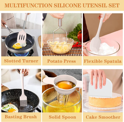 Silicone Cooking Utensil Set,  43 PCS Heat Resistant Kitchen Utensil Gadgets Set-Stainless Steel Handle- Kitchen Spatula Tools for Nonstick Cookware, Pots and Pans Accessories (Khaki)5