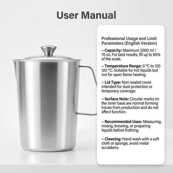Large 70 Oz Stainless Steel Measuring Cup with Removable Lid – Extra Capacity Marked Pitcher for Kitchen, Coffee & Bar Use6