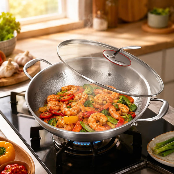 14 Inch Titanium Hammered Wok with Double Handles, Frying Pans Nonstick, Non-Stick Wok, Scratch-Resistant Non Stick Titanium Pans for Cooking,With Lid2