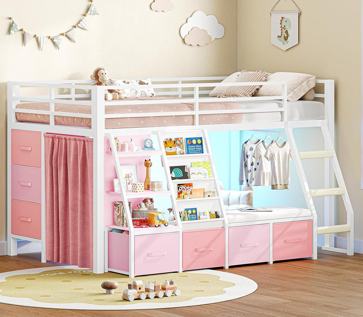 low-loft-bed-with-7-storage-drawers-reading-nook-kids-twin-loft-bed-with-bookshelf-led-lights-safety-guardrail-loft-bed-twin-size-with-35-8h-play-space-inclined-ladder-white-pink