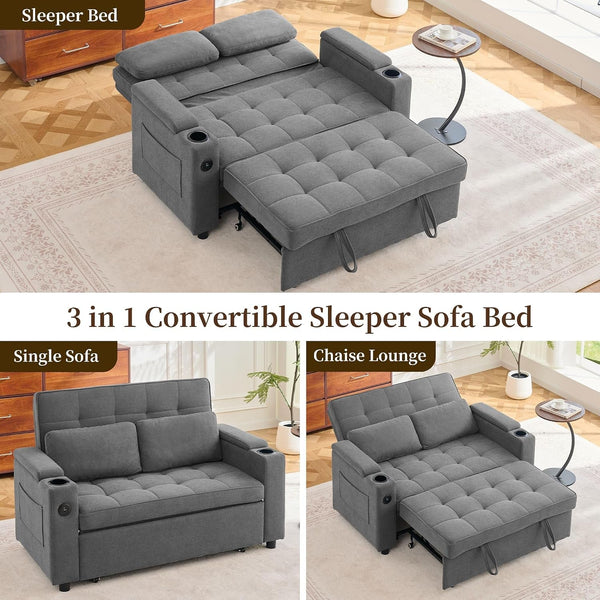 55.5'' 3-In-1 Convertible Sofa Bed, Pull Out Couch with 5-Position Adjustable Backrest, Loveseat Sleeper Sofa for Small Spaces, Sofa Couch with Cup Holders for Living Room, Office, Chenille6
