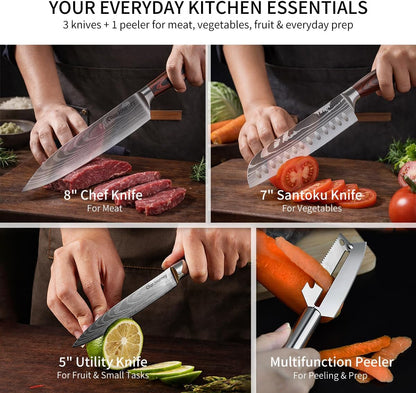 Japanese Knife Set with Peeler, 3-Piece Kitchen Knife Set with 8" Chef Knife, 7" Santoku Knife and 5" Utility Knife, High Carbon Stainless Steel Cooking Knives, Pakka Wood Handle3