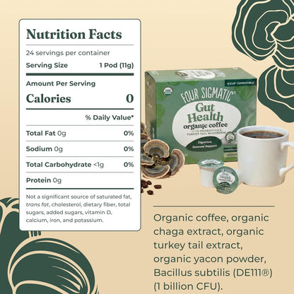 Four Sigmatic Gut Health Organic Coffee Pods | Medium Roast Probiotic K Cups with Chaga and Turkey Tail | Immune Boosting, Probiotic Mushroom Coffee K Cups for Gut Health and Immune Support | 24 Count2