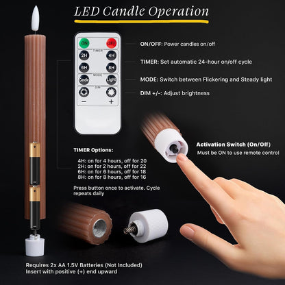 Mocha Brown Coordinated Chocolatey 4 Pack, 10" Real Wax LED Flameless Fluted Ribbed Grooved Taper Candles, Remote & Timer Memory, On/Off Button, Dimmable, Battery Operated, Menorah Wedding5