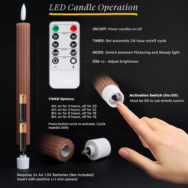 Mocha Brown Coordinated Chocolatey 4 Pack, 10" Real Wax LED Flameless Fluted Ribbed Grooved Taper Candles, Remote & Timer Memory, On/Off Button, Dimmable, Battery Operated, Menorah Wedding5