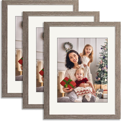 11X14 Picture Frame Set of 3 Gray, Made of Solid Wood 8X10 with Mat or 11X14 without Mat, Wall Mounting Photo Frames with Plexiglass for Wall or Tabletop Display1