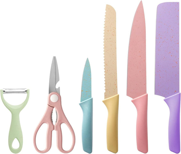 Colorful Kitchen Knife Set 6 PCS, Colored Knives Set with Non-Stick Coating, Chef Boxed Knives Set for Cooking, Camping, Travel, Picnic, BBQ and RV1