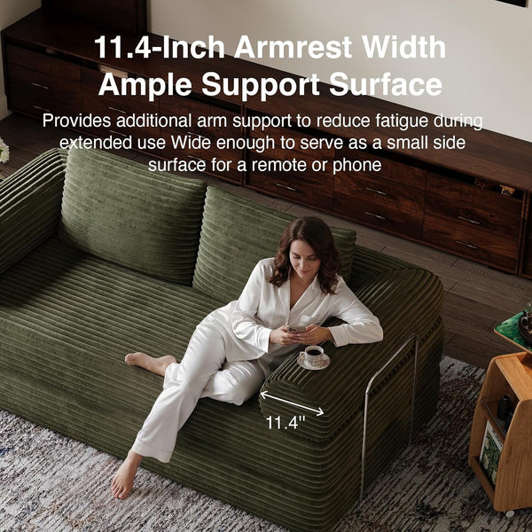 75" Convertible Futon Sofa Bed, Boneless Couch with Smarts Coil® Support & High-Density Foam, No Assembly Corduroy Folding Loveseat Floor Sleeper for Living Room, Apartment, Bedroom, Green11