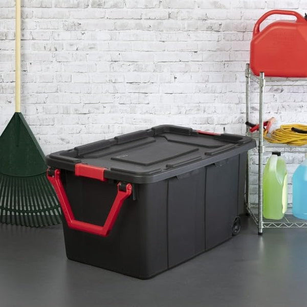 40 Gallon Wheeled Industrial Tote Plastic Black Set of 2 Plastic Storage Boxes Bins Containers Home7