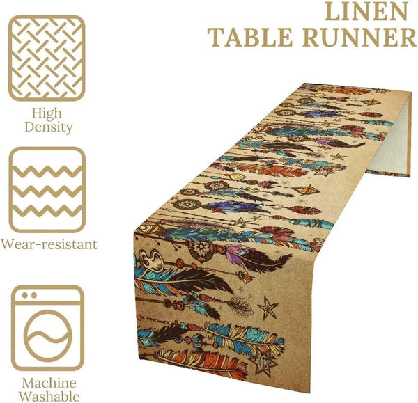 Boho Feather Table Runner, Vintage Tribal Ethnic American Indian Peacock Feathers Print Table Runner for Home Indoor Outdoor Party Wedding Decor, 13X60Inch4