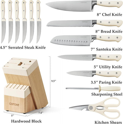 14-Piece Knife Set with Wood Block, Rust-Resistant, Cream | Razor-Sharp High Carbon Stainless Steel Knives, Long-Lasting Sharpness, Forged, Triple-Riveted Ergonomic Non-Slip Handles2