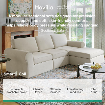 108" Modular Sectional Sofa, Modular Sectional Couches for Living Room Bedroom, Chenille Removable Cover Cloud Couch with Smarts Coil® Support L-Shaped Couch(Beige, 3 Seater + 1 Ottoman)3