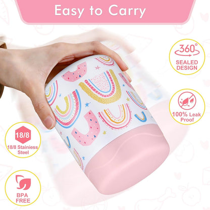 12Oz Soup Thermo for Hot Food Kids Insulated Food Jar Wide Mouth Lunch Container Leak Proof Stainless Steel Vacuum Bento Box for School Office Travel Outdoors White-Rainbow3