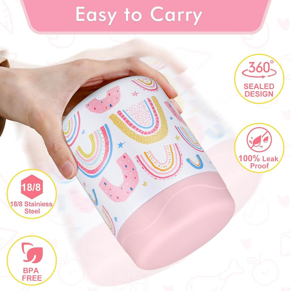 12Oz Soup Thermo for Hot Food Kids Insulated Food Jar Wide Mouth Lunch Container Leak Proof Stainless Steel Vacuum Bento Box for School Office Travel Outdoors White-Rainbow3
